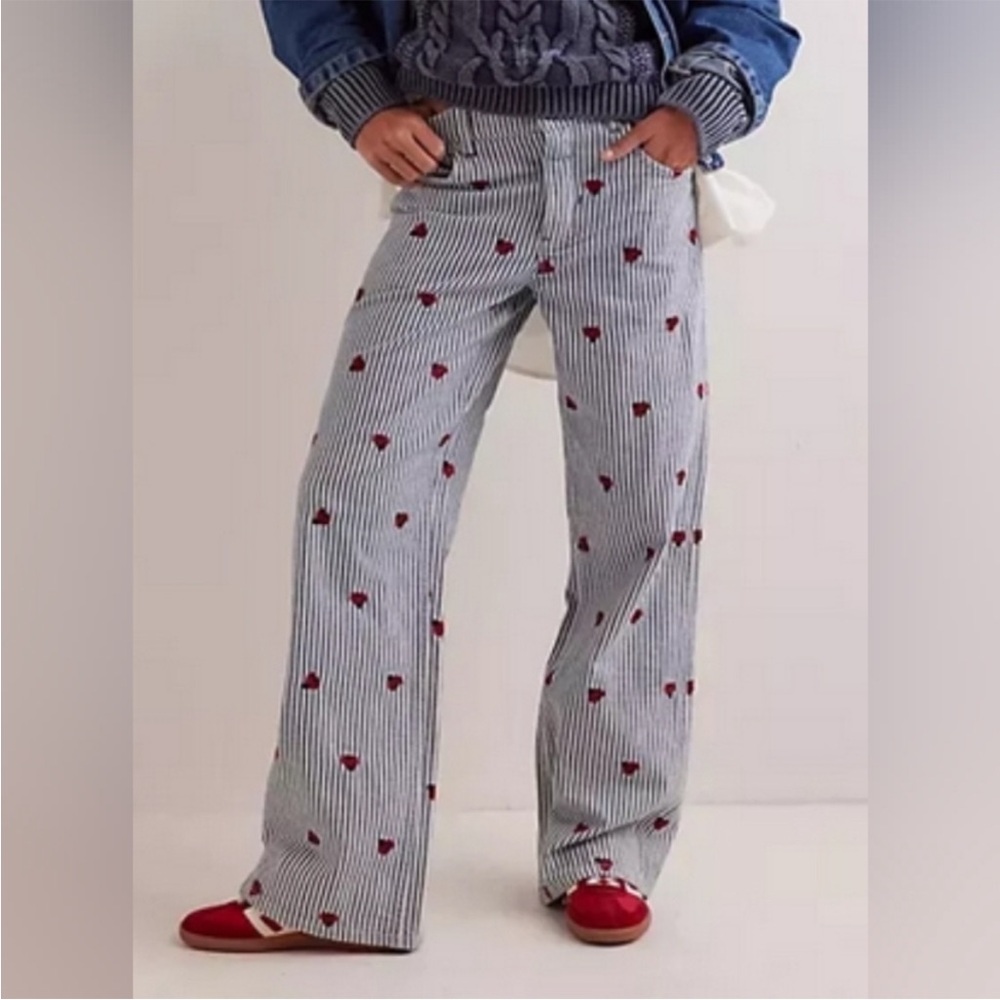 Free People Striped Straight-Leg Jeans with Red Heart Embroidery